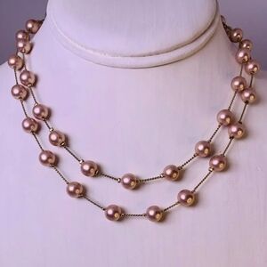 Monet Rose Color Faux pearls/gold tone Double Strand Necklace With Hallmark